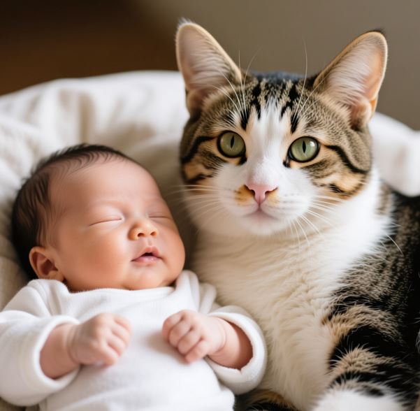 반려 고양이와 아기가 같이 있는 모습