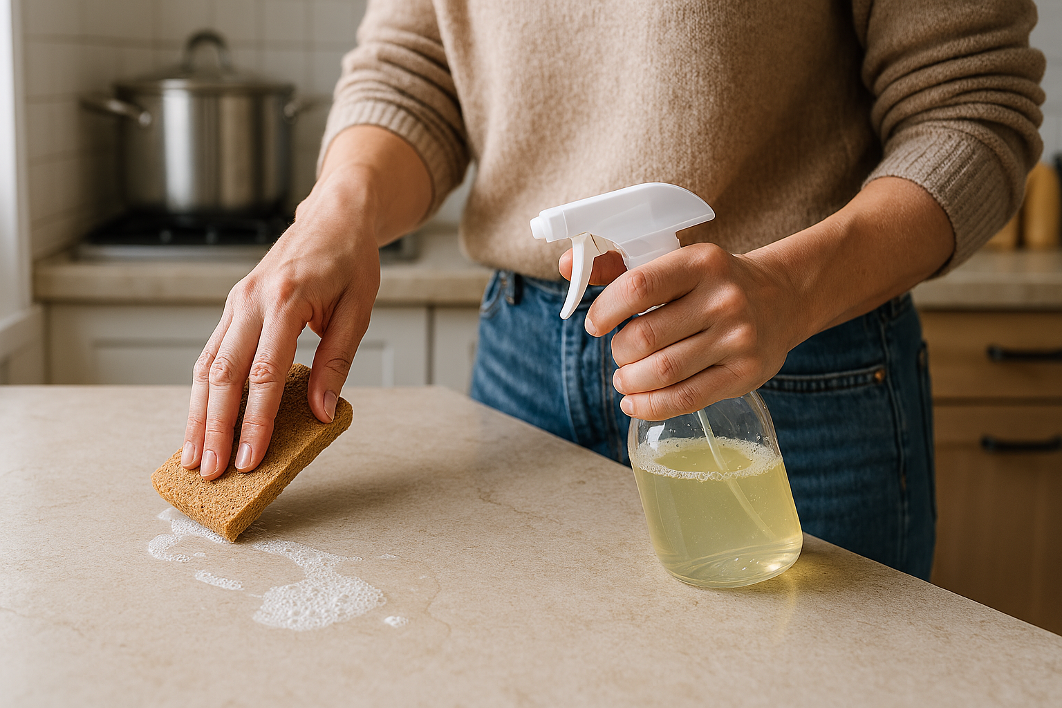 천연 세정제를 소량만 사용해 청소하는 장면