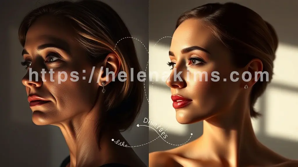 왼쪽 이미지: 어둡고 차분한 톤으로 표현된 50대 여성의 얼굴 측면 실루엣. 볼과 눈 밑, 팔자 부위가 미묘하게 꺼져 있고 그림자가 드리워져 피곤하고 다소 칙칙한 느낌을 강조합니다. 오른쪽 이미지: 밝고 따뜻한 톤으로 표현된 같은 여성의 얼굴 측면 실루엣. 꺼진 부위들이 자연스럽게 채워져 매끄럽고 부드러운 곡선을 이루고, 피부에 은은한 윤기가 돌아 생기 있고 활기찬 동안의 모습.