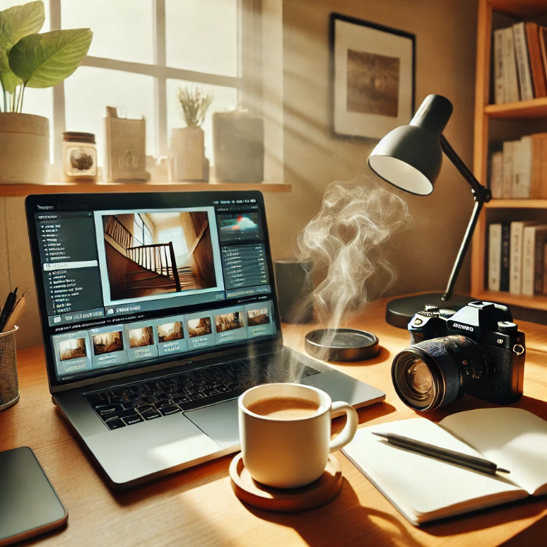 A Korean desktop workspace with a laptop showing a photo editing software interface, surrounded by coffee, camera, and notepad. Bright lighting and cozy interior atmosphere
