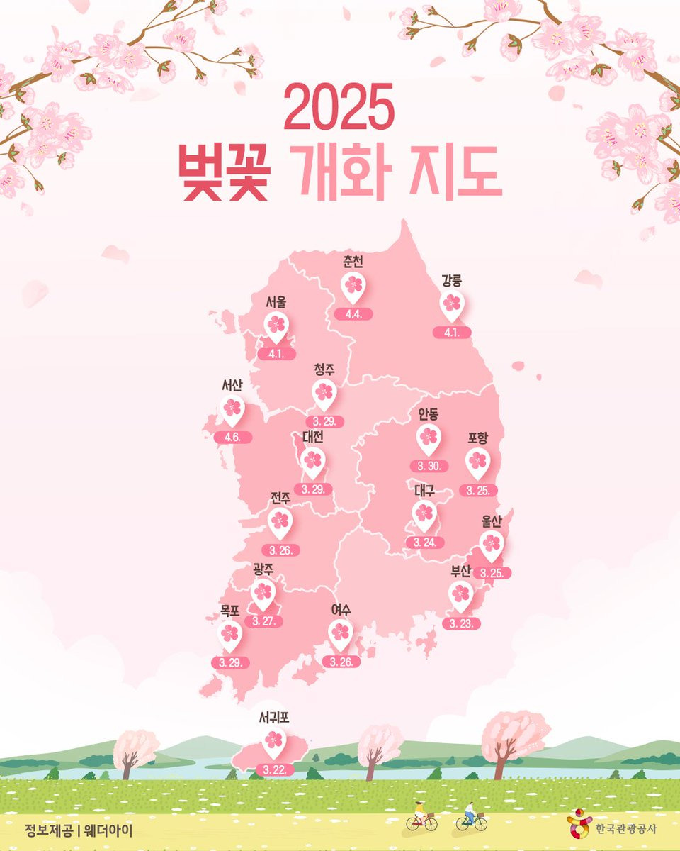 2025년 벚꽃 개화 지도 이미지