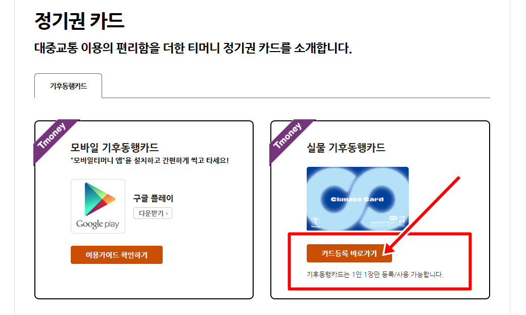 기후동행카드 티머니 실물카드 등록