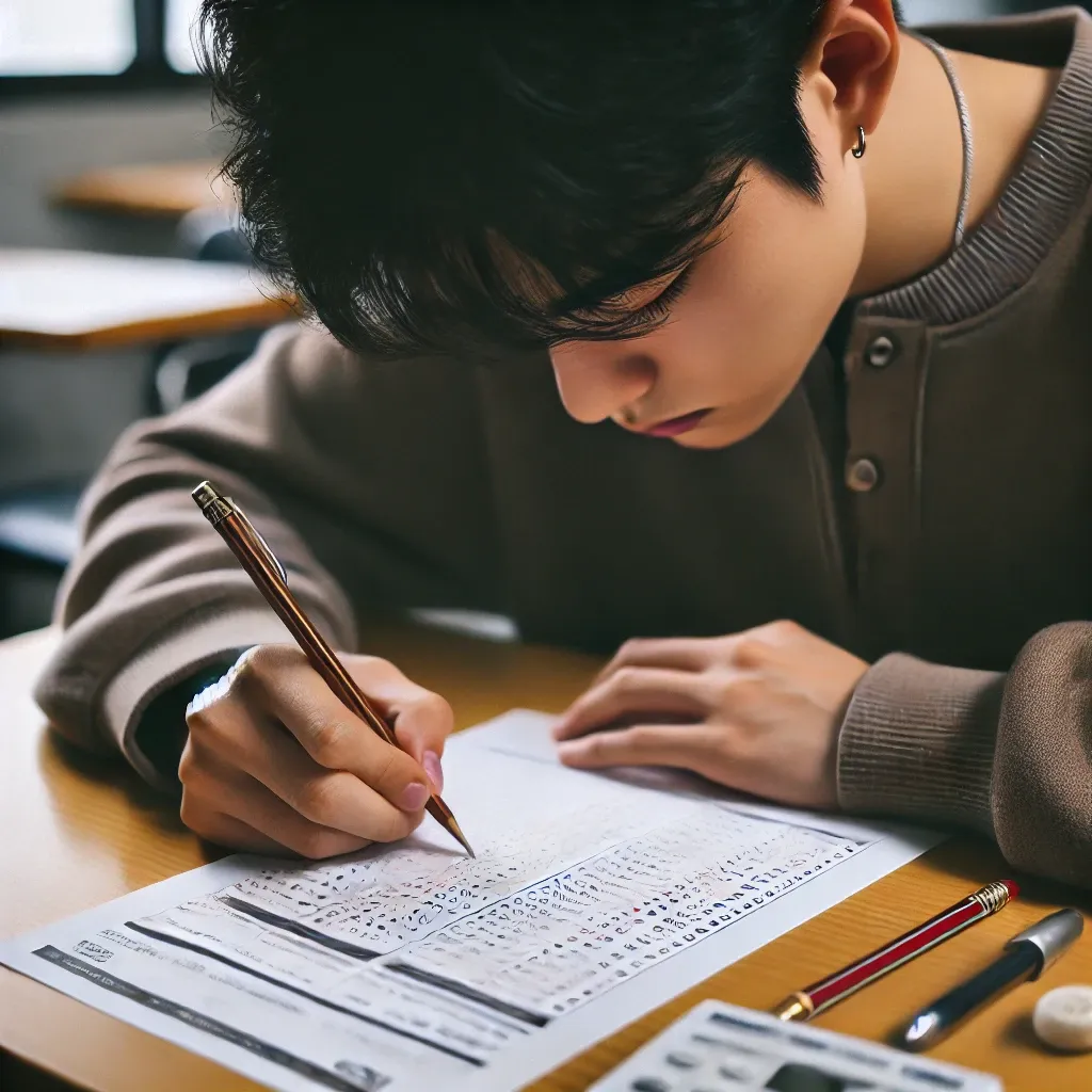 수능 시험 답안지를 집중해서 작성하는 한국 학생의 근접 장면, 책상 위에 펜과 지우개가 놓여 있음