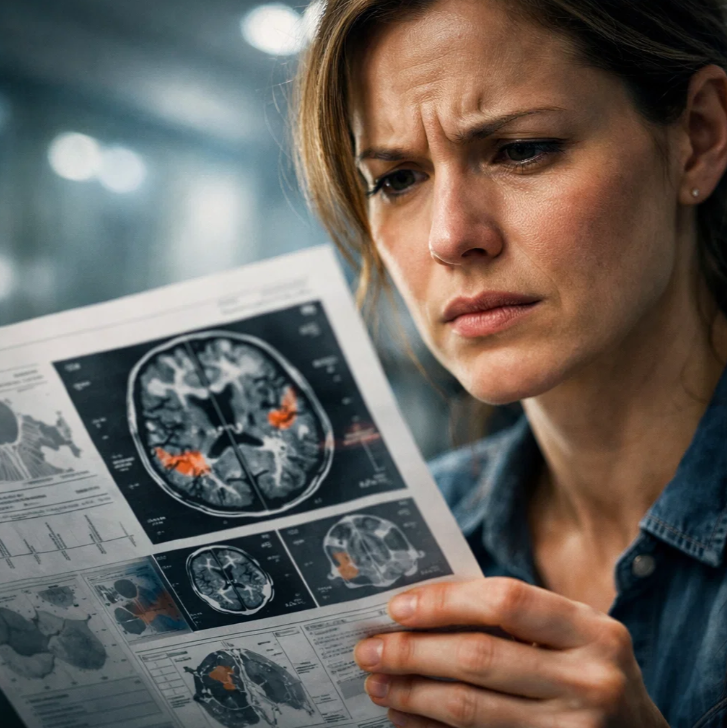 병원에서 뇌 MRI 판독지를 집중해서 읽는 여성 환자