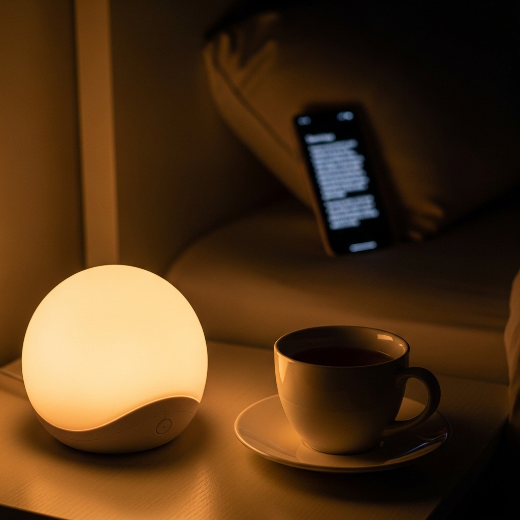 체중 관리에 도움이 되는 수면 루틴을 상징하는 정물 이미지