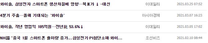 와이솔 뉴스, 공시