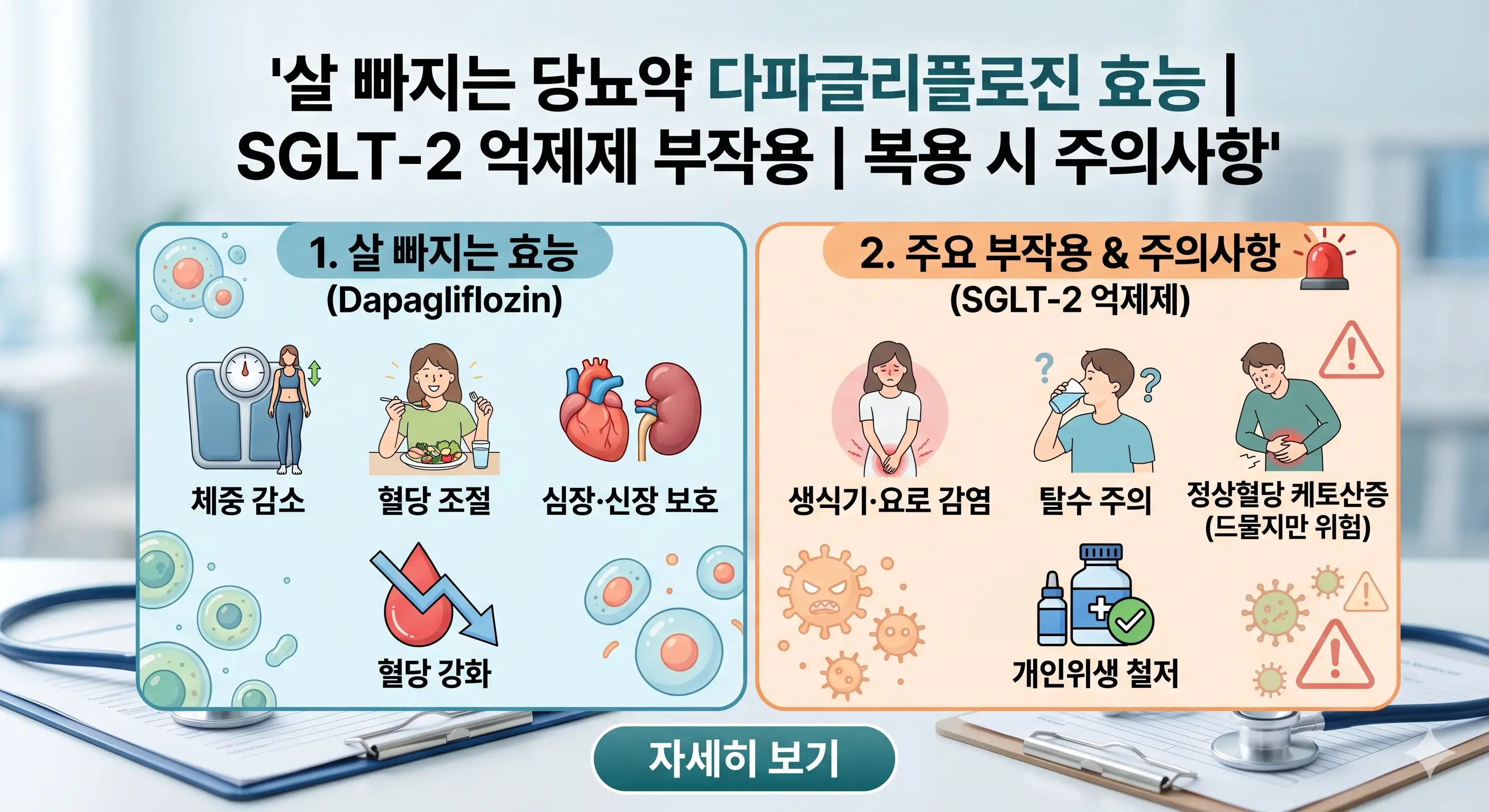 살 빠지는 당뇨약 다파글리플로진 효능 및 SGLT-2 억제제 주요 부작용(요로감염, 탈수, 케토산증) 안내 이미지