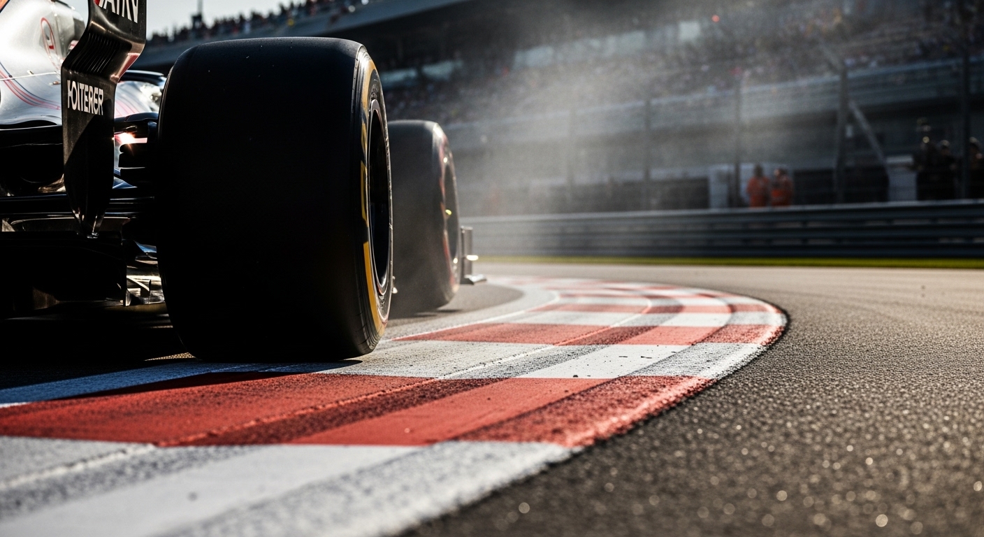 F1 경주차의 타이어가 고속으로 주행하며 트랙의 흰색 경계선과 연석을 아주 미세하게 넘어가는 찰나의 순간을 포착한 클로즈업 장면