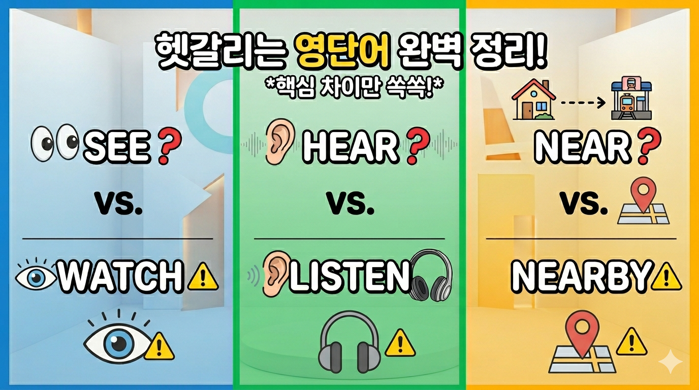 헷갈리는 영단어 완벽 정리! *핵심 차이만 쏙쏙!* 두 눈 SEE? vs 한 눈 WATCH!, 한 귀 HEAR? vs 한 귀와 헤드셋 LISTEN, 집 아이콘 옆 기차역 NEAR? vs 지도 위치 표시 NEARBY!