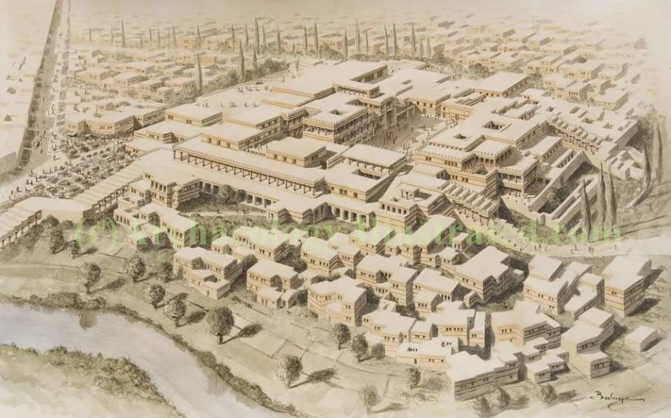 크레타 섬의 신궁전 시대 크노소스 궁전 복원도. 복잡한 건축 구조와 주변 주거지들이 조감도 형태로 표현되어 있다.