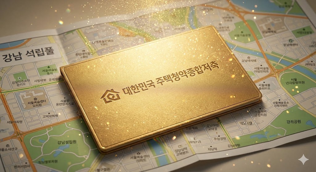 황금색 청약 통장과 강남 서리풀 지도가 겹쳐지며 '로또 청약'의 기회를 상징하는 화려한 그래픽