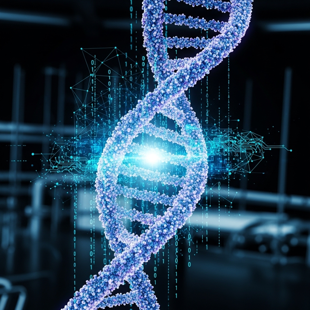 푸른빛과 보랏빛으로 빛나는 정교한 DNA 이중 나선 구조와 디지털 데이터가 겹쳐진 이미지. 고급 유전체 연구와 맞춤형 의학의 과학적 기반을 상징합니다.