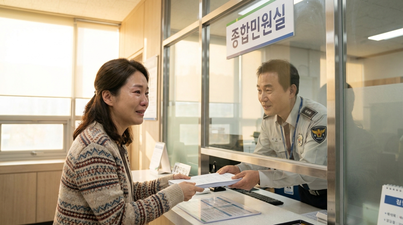 주민센터에서 민생지원금 이의신청 서류를 접수하고 안도하는 한국인 여성