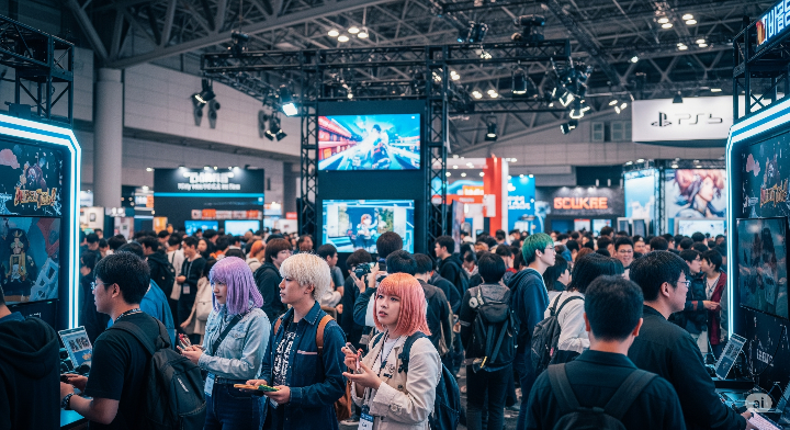 도쿄 게임쇼 행사장의 활기찬 전경, 수많은 참관객들이 부스를 둘러보거나 게임을 체험하는 모습