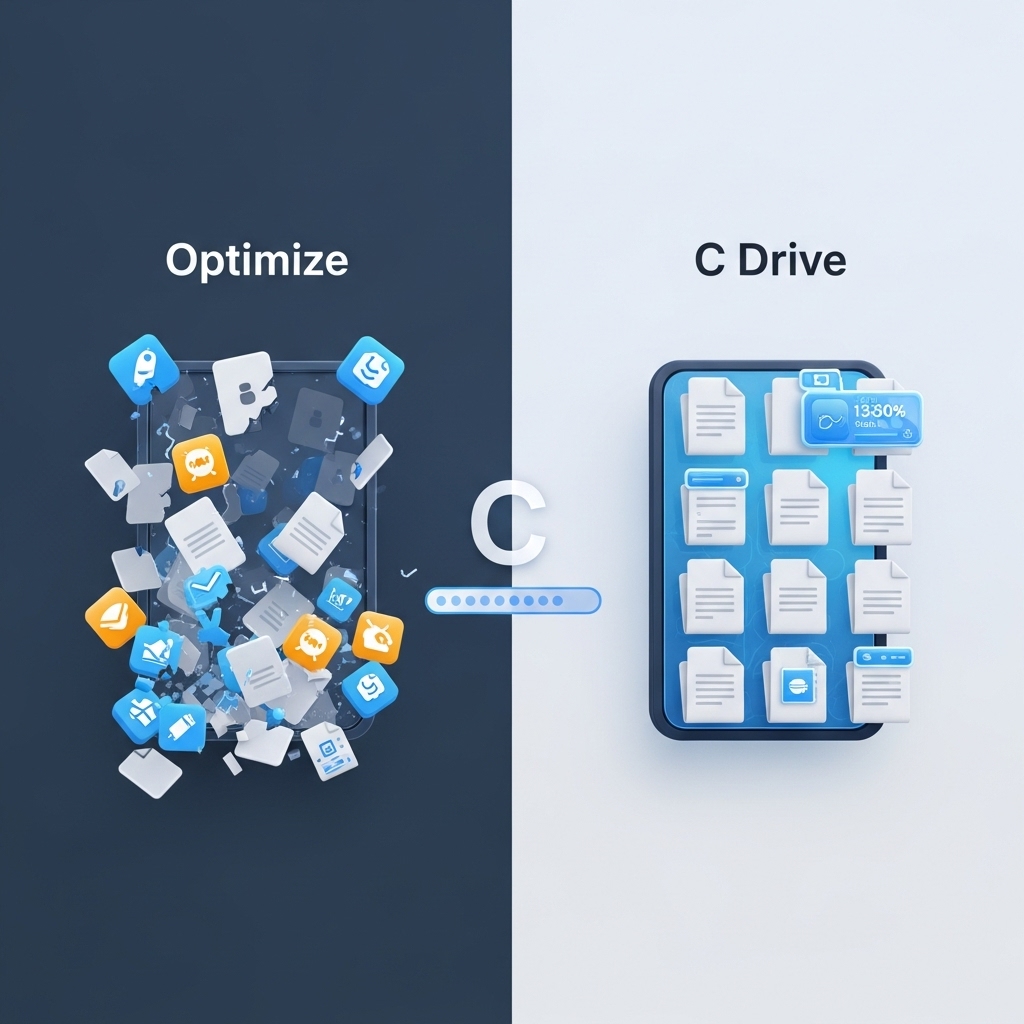 복잡하고 가득 찬 C 드라이브가 깨끗하게 정리되어 여유 공간이 확보된 모습을 시각적으로 보여주는 이미지. PC 성능 향상과 업그레이드 준비를 상징합니다.