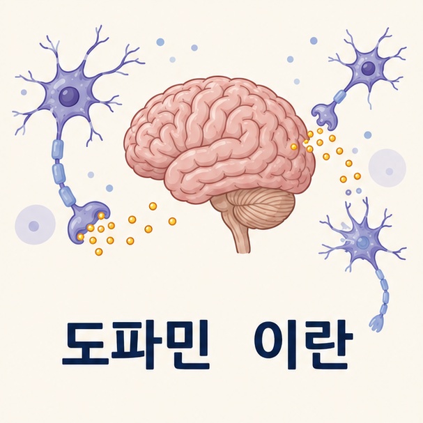 뇌와 신경세포를 이용해 도파민이 신호를 전달하는 신경전달물질임을 소개하는 그림
