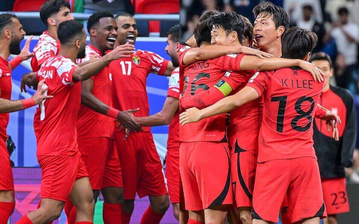 승리로 기뻐하는 요르단 팀과 한국 팀