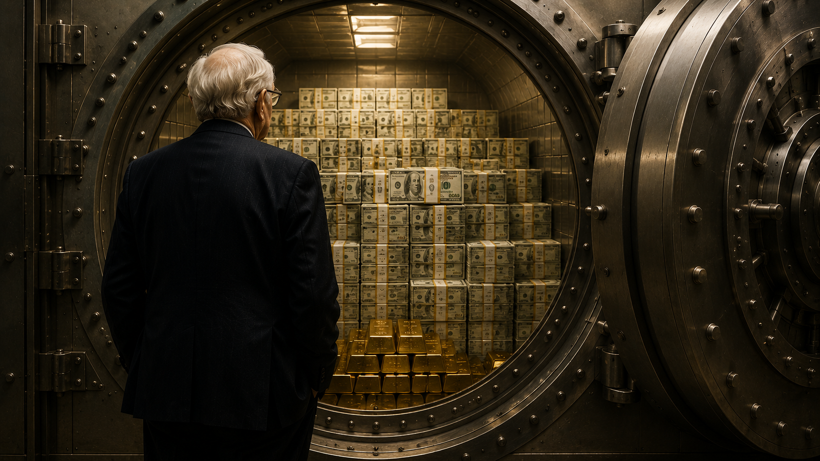 A giant vault filled with cash and gold symbolizing patience and financial discipline