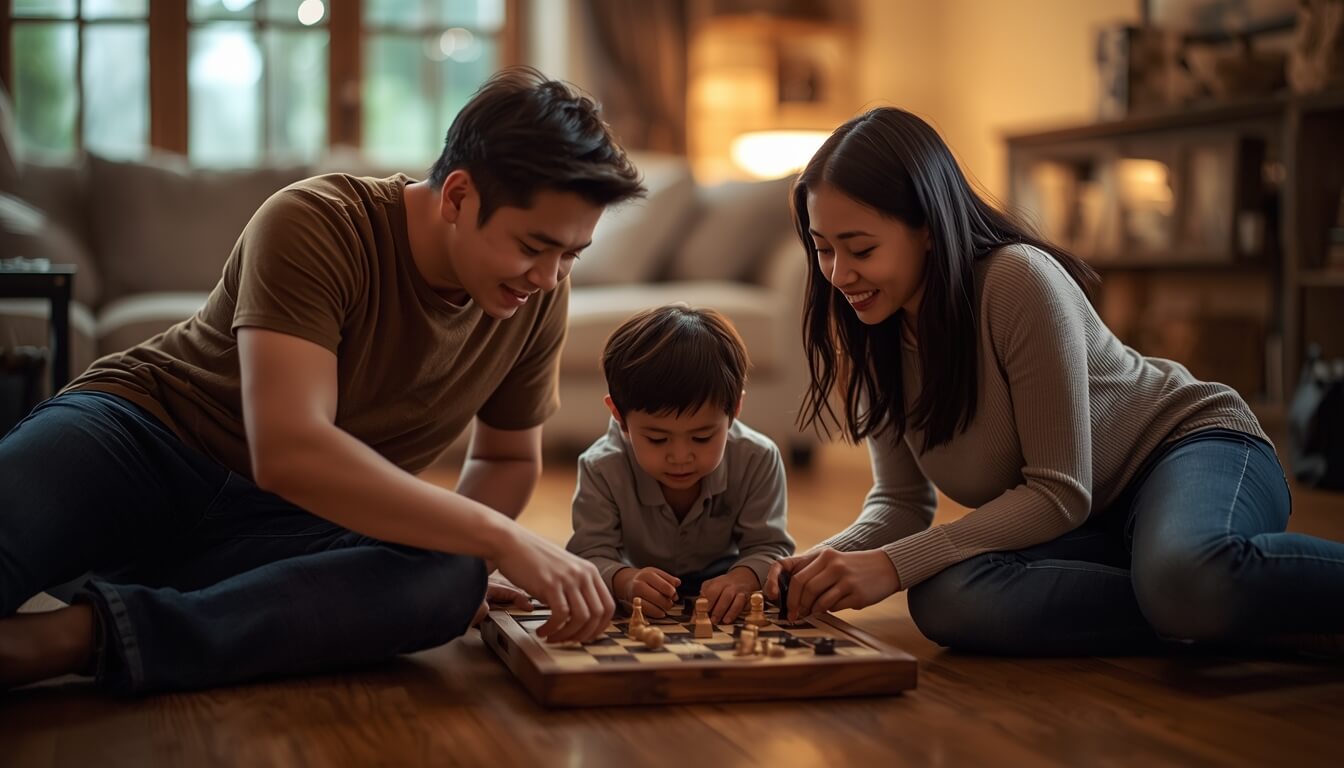 거실 바닥에 둘러앉아 전자 기기 없이 보드게임을 즐기며 웃고 있는 가족