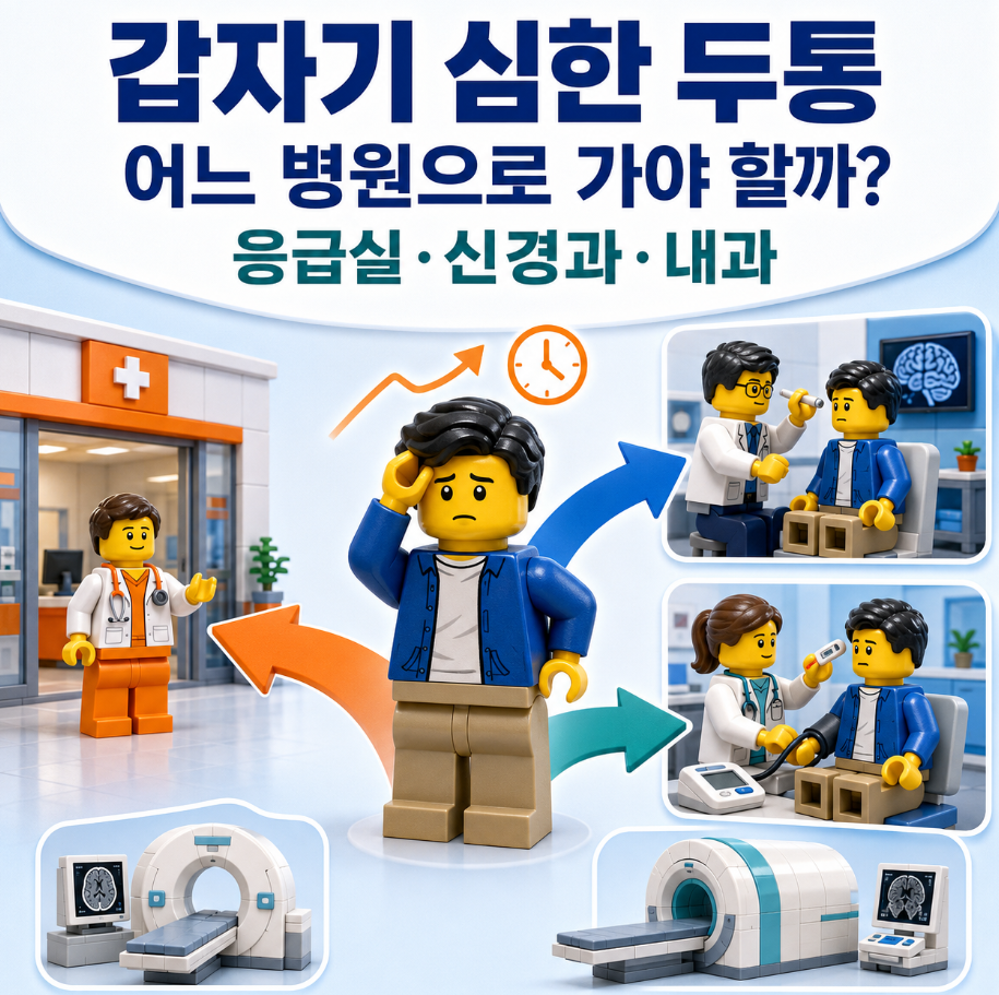 갑자기 심한 두통 환자가 응급실·신경과·내과 중 첫 진료 장소를 선택하는 레고 의료 인포그래픽