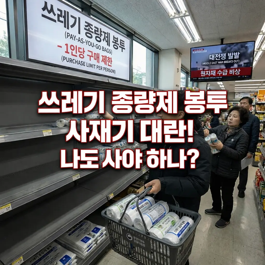 Supermarket scene of trash bag hoarding panic in Korea with people buying pay-as-you-go garbage bags due to shortage concerns