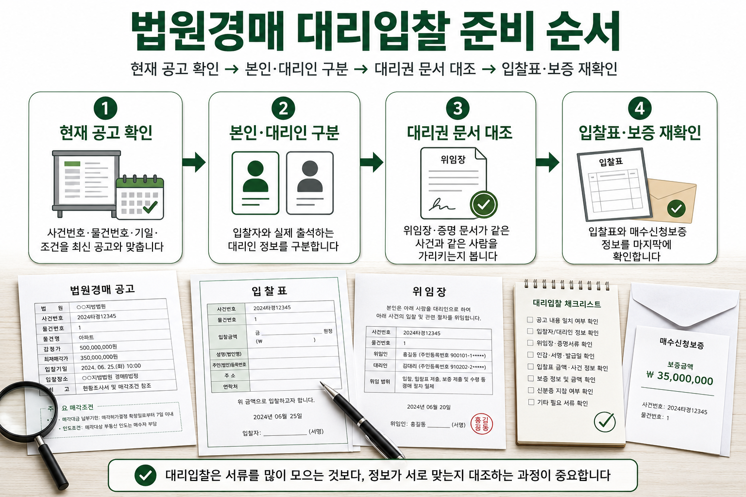 법원경매 대리입찰의 공고 확인, 본인&middot;대리인 구분, 위임서류 대조, 입찰표&middot;보증 확인 순서