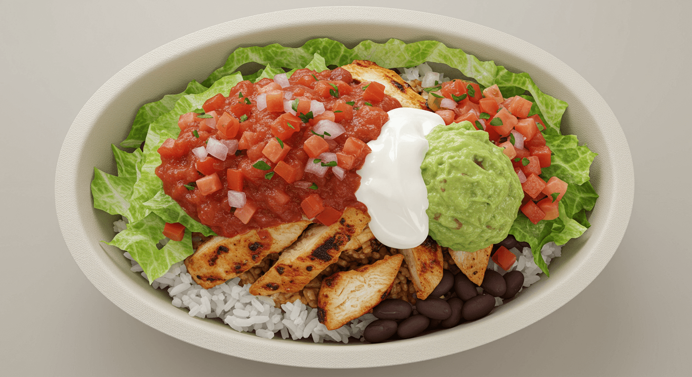 밥 위에 치킨&amp;#44; 채소&amp;#44; 과카몰리가 얹힌 치폴레 볼을 위에서 본 장면 1