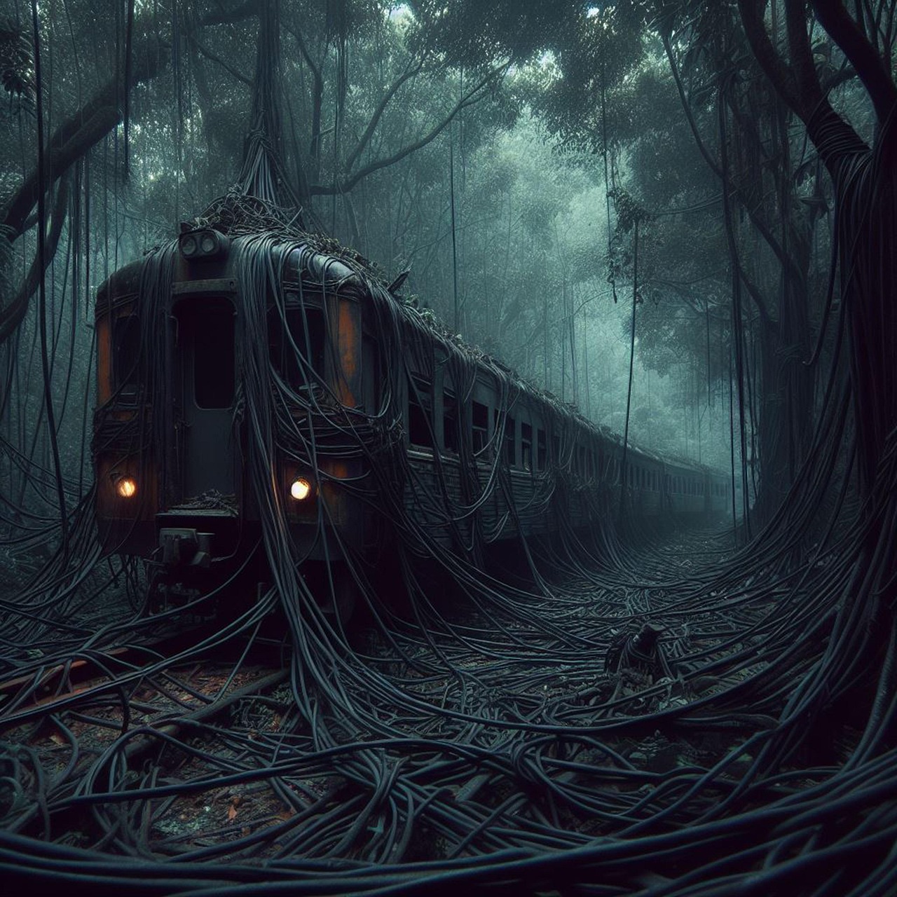 공포영화 속 숲에 버려진 기차 이미지