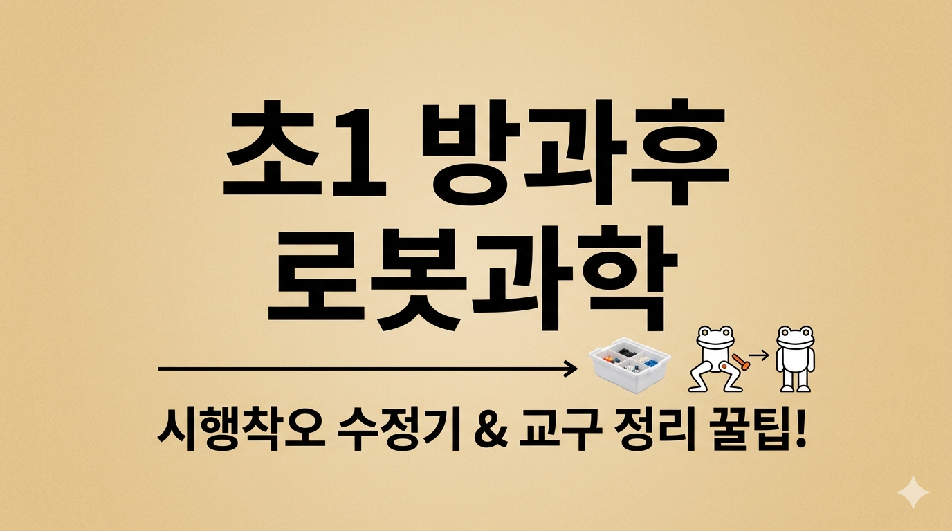 베이지색 바탕에 깔끔한 검은색 글씨로 '초1 방과후 로봇과학 시행착오 수정기 &amp; 교구 정리 꿀팁!'이라고 적힌 정보성 블로그 썸네일 이미지
