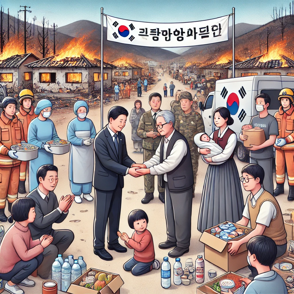 정부 관계자와 소방대원들이 피해자에게 구호 물품과 지원을 전달하는 장면 