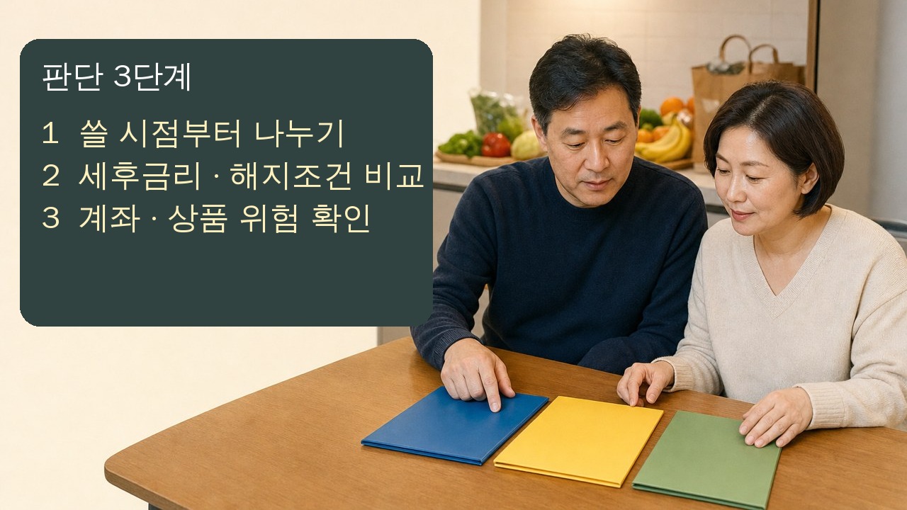 40대 부부가 비상금과 1년 예금, ISA 장기자금을 사용 시점에 따라 나누는 장면