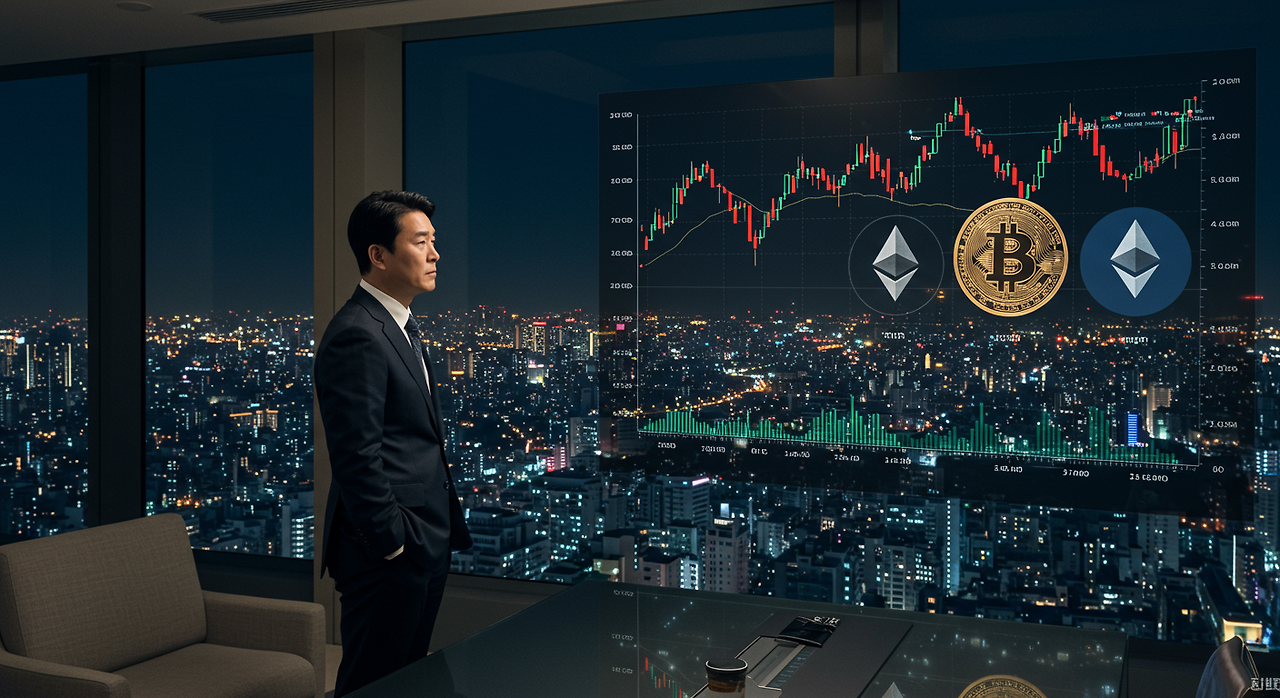 도시 풍경을 배경으로 암호화폐 시장 변동성을 나타내는 차트를 보며 고민하는 한국 비즈니스 임원