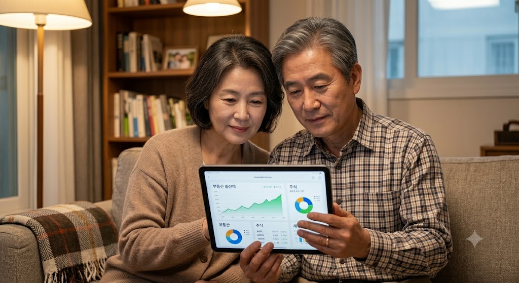 따뜻하고 아늑한 분위기의 거실 소파에 나란히 앉아 태블릿 PC 화면 속 분산 투자 포트폴리오 원형 차트를 진지하면서도 평온한 표정으로 검토하고 있는 한국인 중년 부부의 모습. 경제적 안정과 다가올 미래를 차분하게 준비하는 행복한 라이프스타일을 담아낸 고해상도 8k 시네마틱 사진.