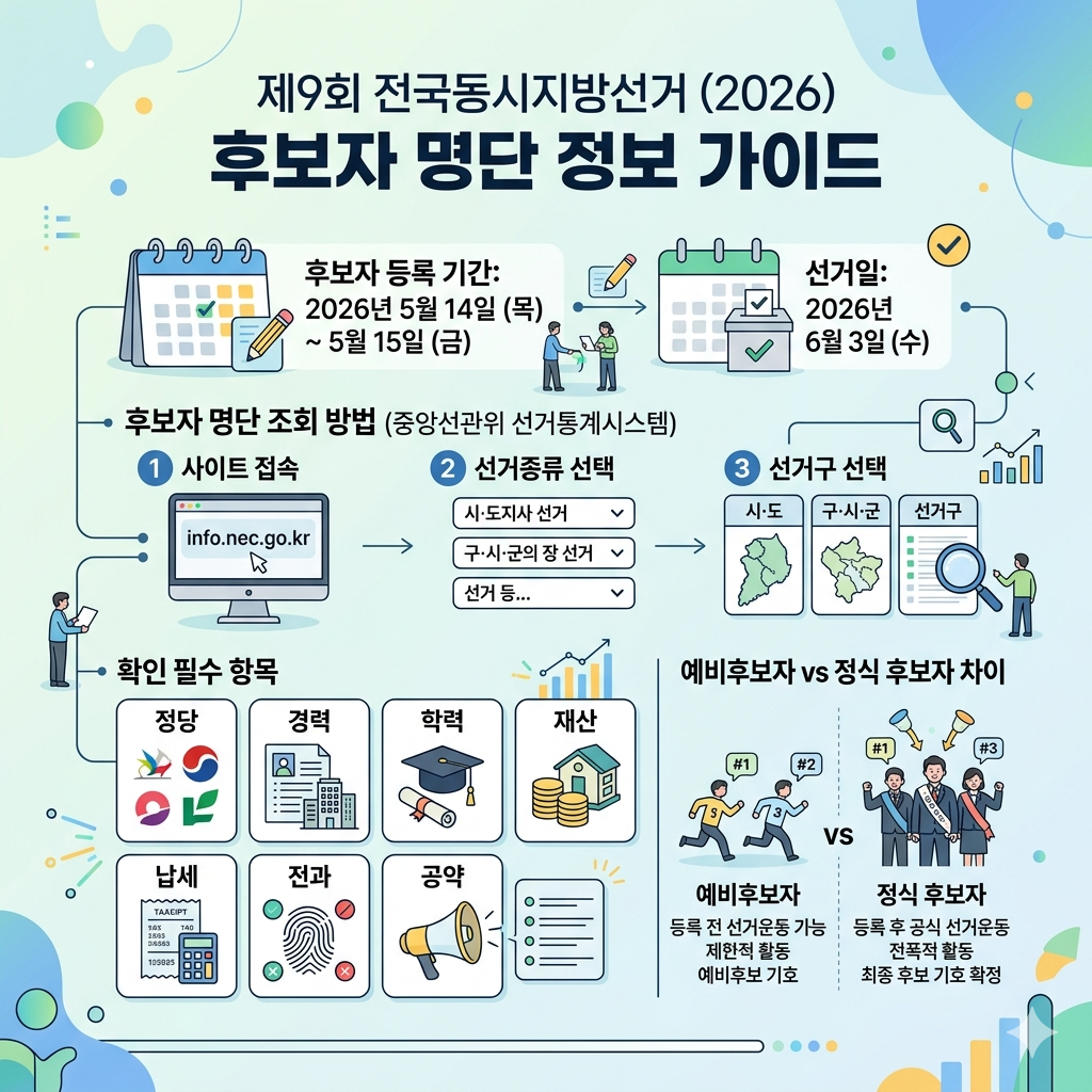 2026 지방선거 후보자 명단 조회 방법 지역별 후보&middot;예비후보&middot;공약 확인 인포그래픽