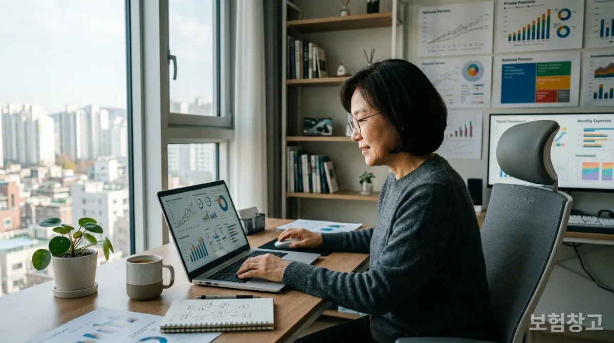 노후 대비를 위해 개인연금과 투자 포트폴리오를 관리하는 한국인