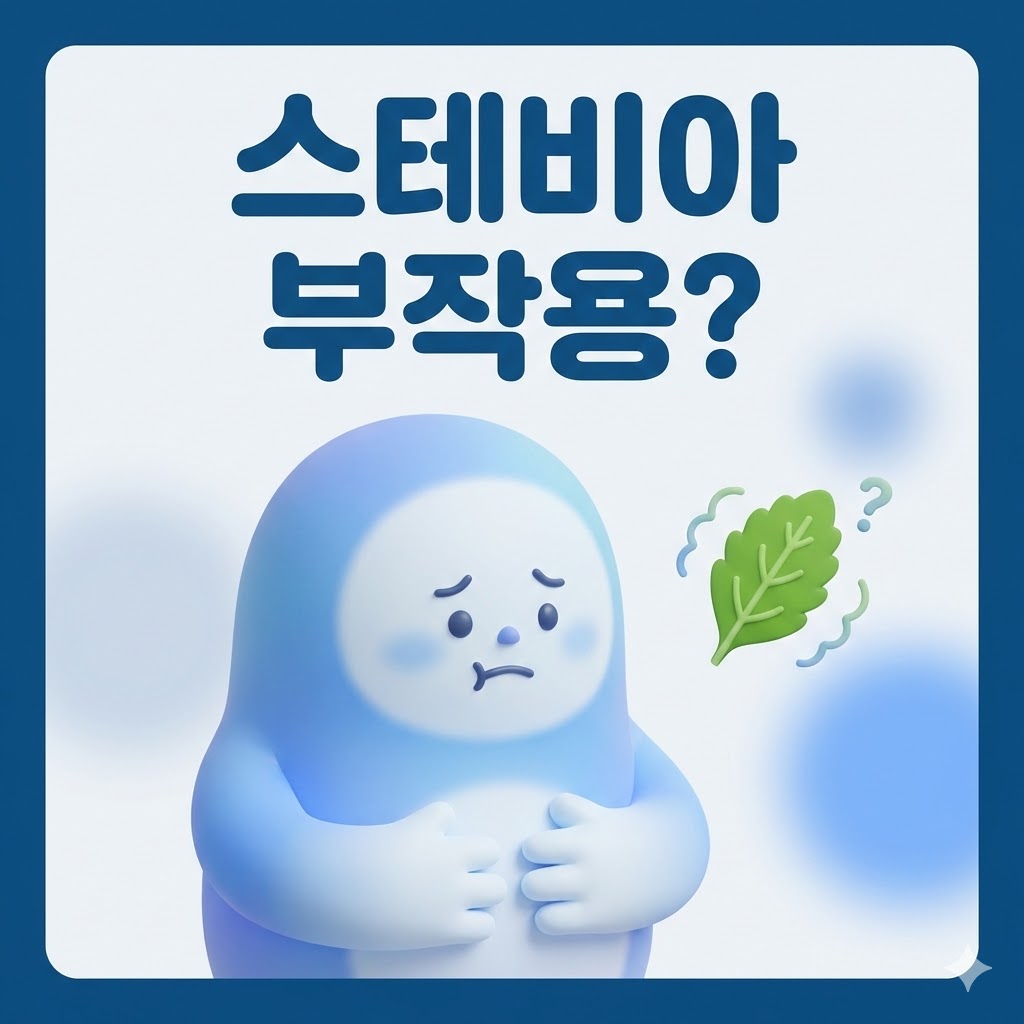 배를 감싸고 걱정스러운 표정을 짓고 있는 귀여운 3D 카툰 캐릭터 옆에 스테비아 잎이 있는 모습. 스테비아 부작용에 대한 우려를 은유적으로 표현한 이미지.