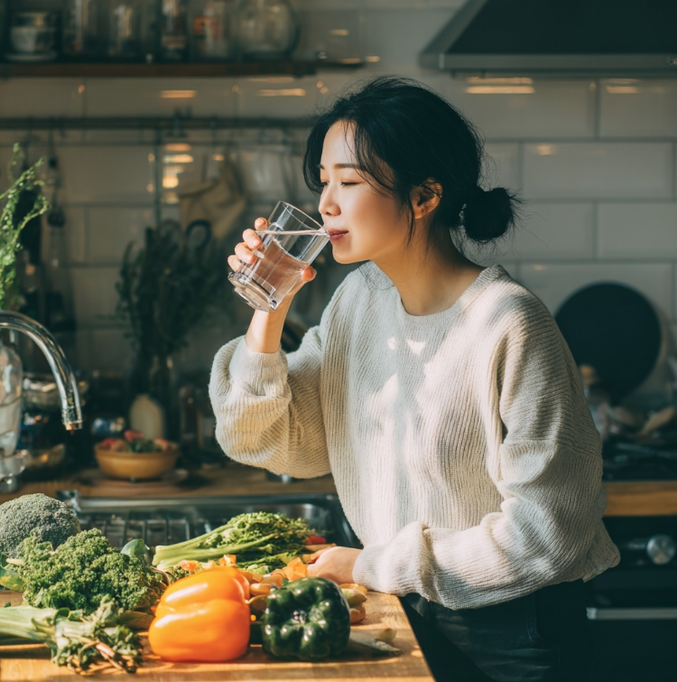 주방에서 물한컵을 마시는 여성