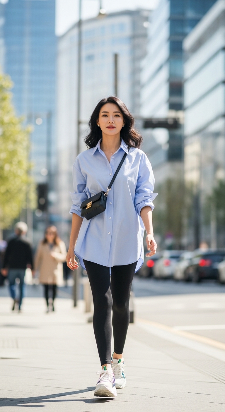 레깅스와 오버사이즈 셔츠를 매치한 센스 있는 코디 샷