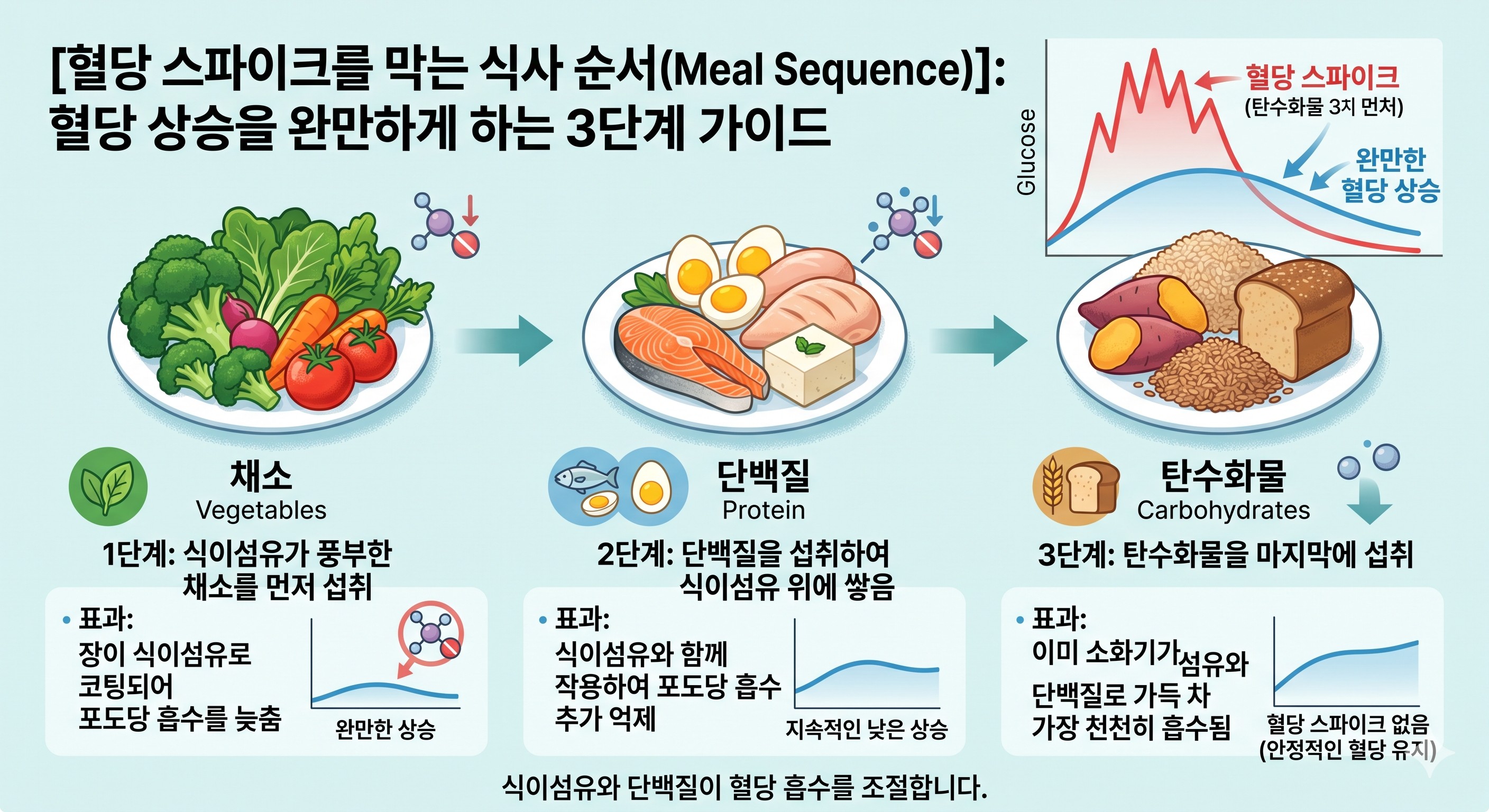 [혈당 스파이크를 막는 식사 순서(Meal Sequence)]: 혈당 스파이크를 줄이기 위한 올바른 식사 순서(채소 &rarr; 단백질 &rarr; 탄수화물)를 보여주는 단계별 가이드 이미지
이미지출처:Gemini AI 생성