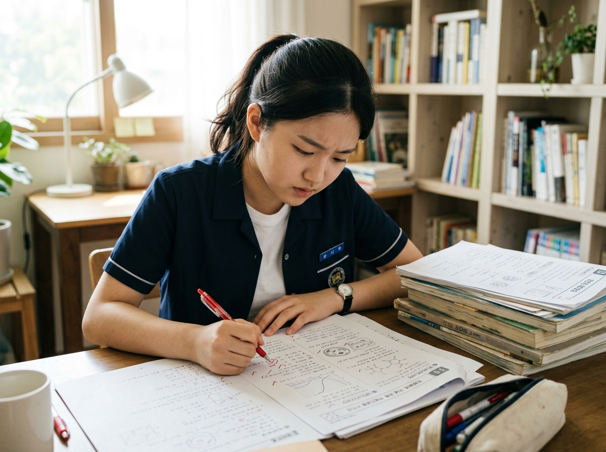 방학 중 학습한 과학 내용을 주간 단위로 점검하며 오답을 확인하는 학생