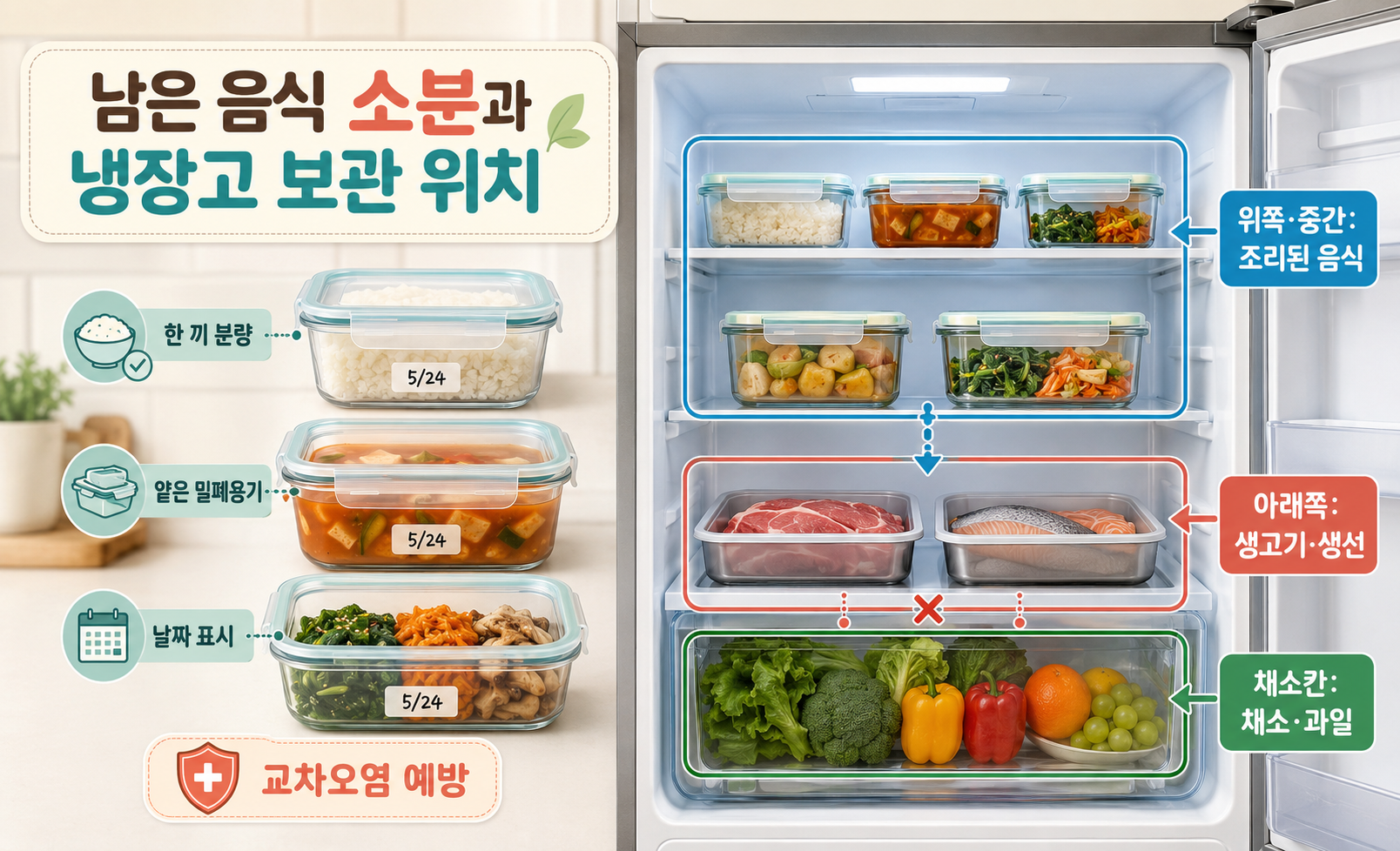 남은 음식 소분 보관 방법과 냉장고 보관 위치, 교차오염 예방법을 설명하는 이미지
