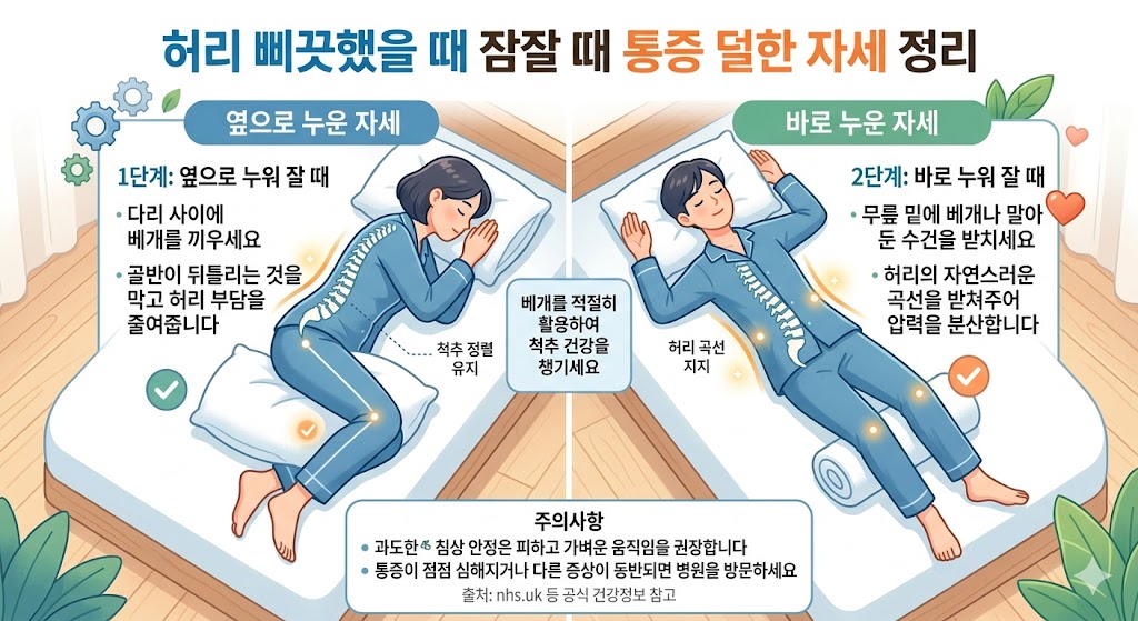 허리 삐끗했을 때 잠잘 때 통증 덜한 자세 정리