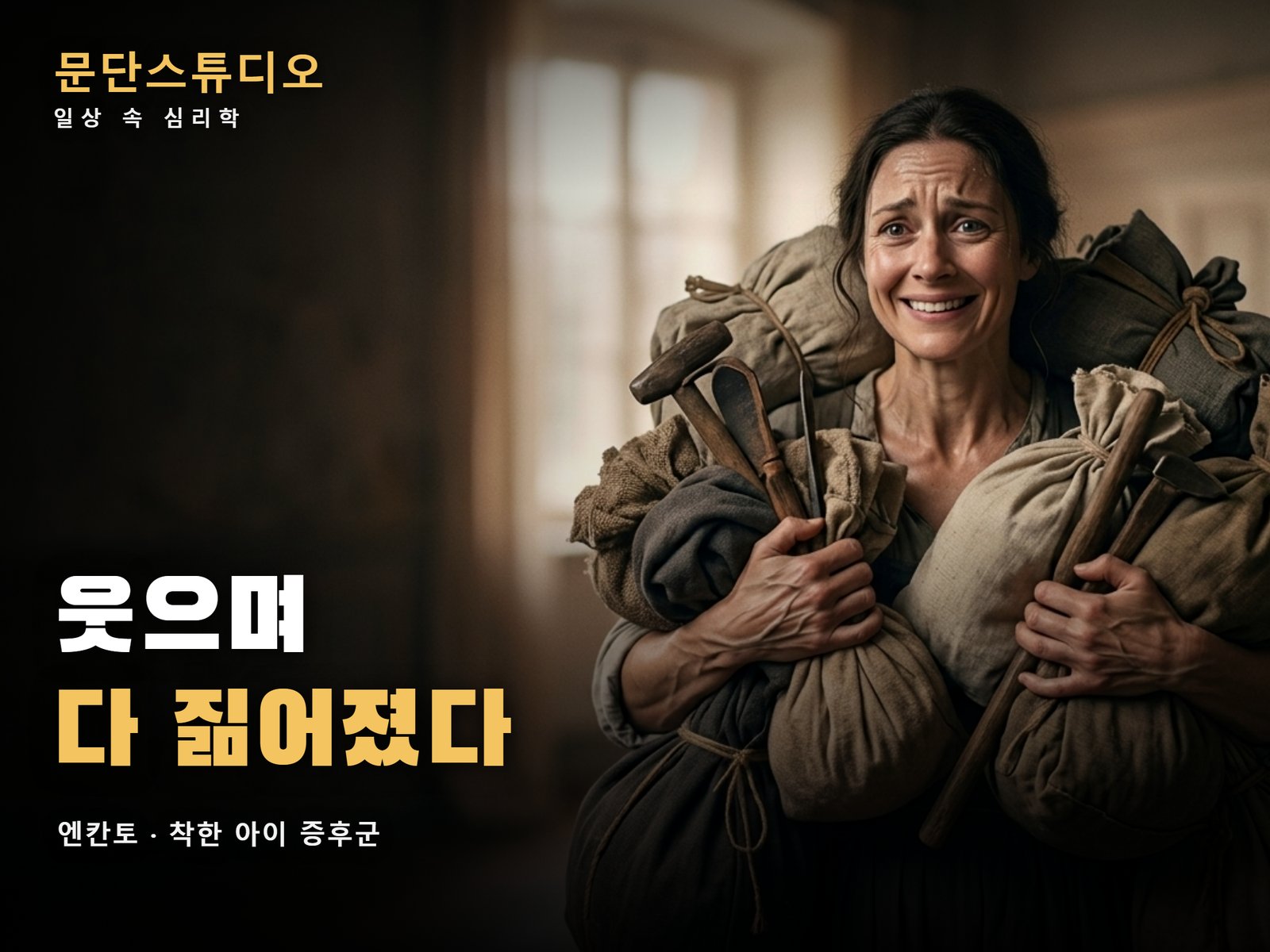 웃는 얼굴로 무거운 짐을 잔뜩 짊어진 여성 일러스트, 엔칸토 루이사로 보는 착한 아이 증후군 대표 이미지