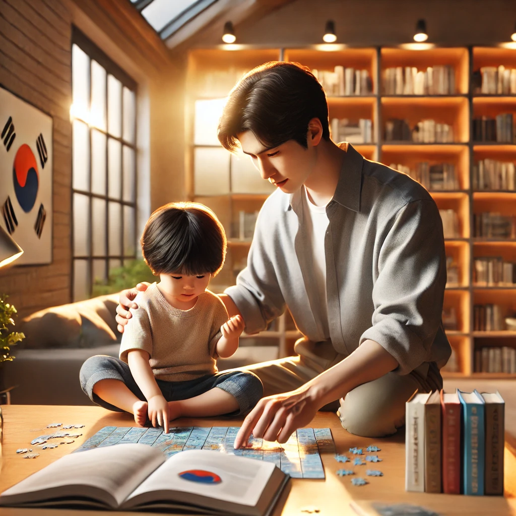 부모와 자녀가 현대적인 공부방에서 퍼즐을 함께 풀며 집중하는 모습. 책장과 따뜻한 분위기가 특징