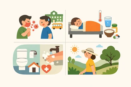 바이러스성 장염 전염 경로와 회복 관리 기준을 시각적으로 정리한 이미지17