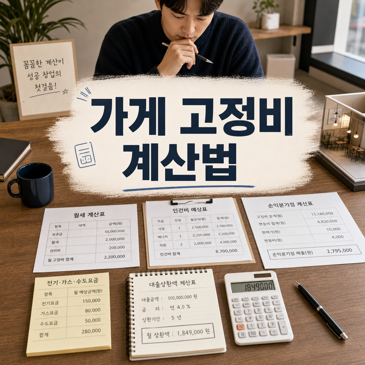 가게 오픈 전 월세 인건비 대출상환액 등 고정비를 계산하는 예비 창업자 이미지