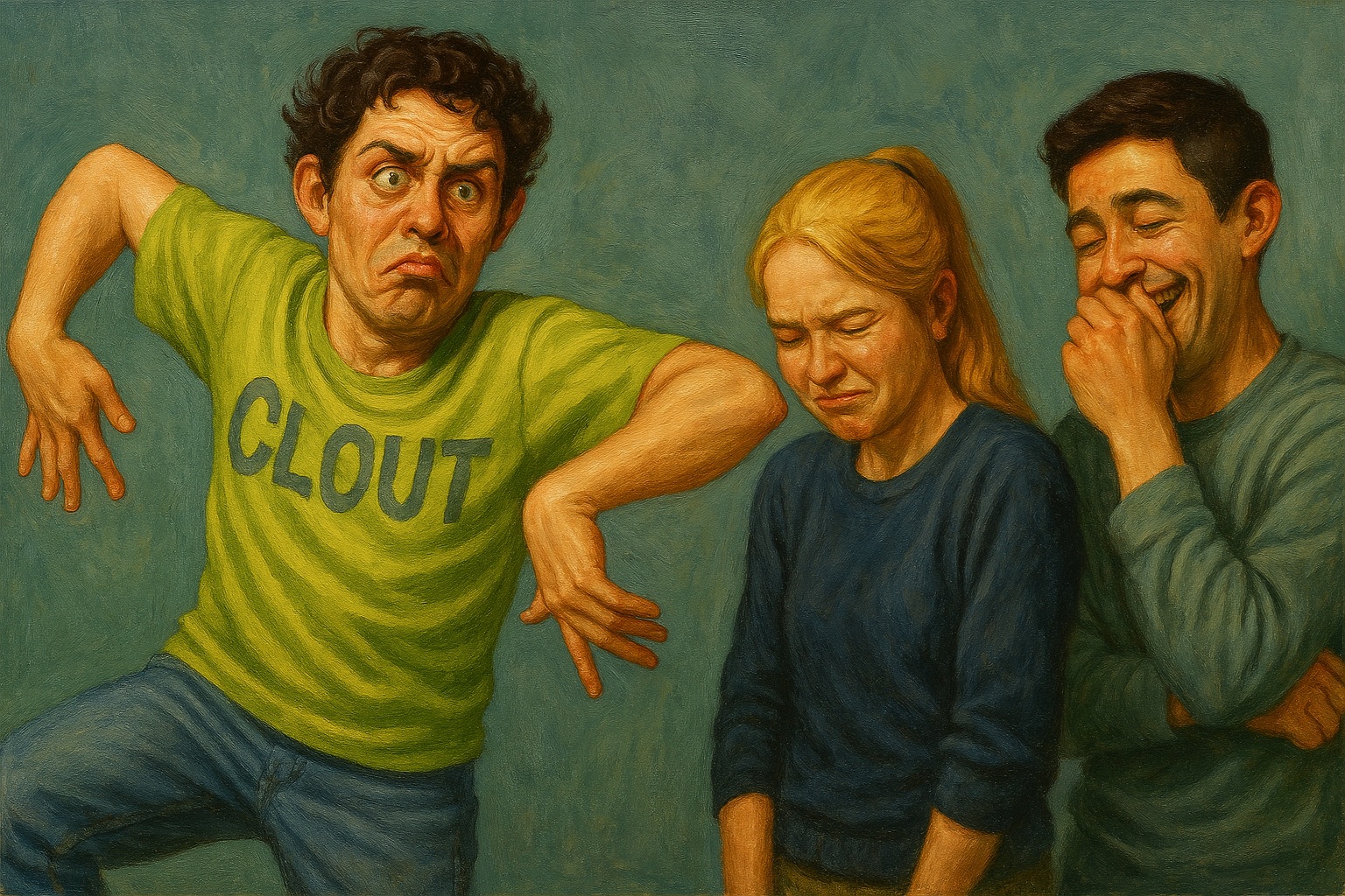 왼쪽에는 Clout라고 적힌 형광 그린의 티셔츠를 입은 파마 머리의 남자가 이상한 표정으로 개다리춤을 추면서 관심을 갈구하고, 그 옆에는 눈을 질끈 감고 민망해하는 금발 머리의 여자, 손으로 얼굴을 감싸며 오글거려 하는 검은 머리의 유쾌한 남자가 있다