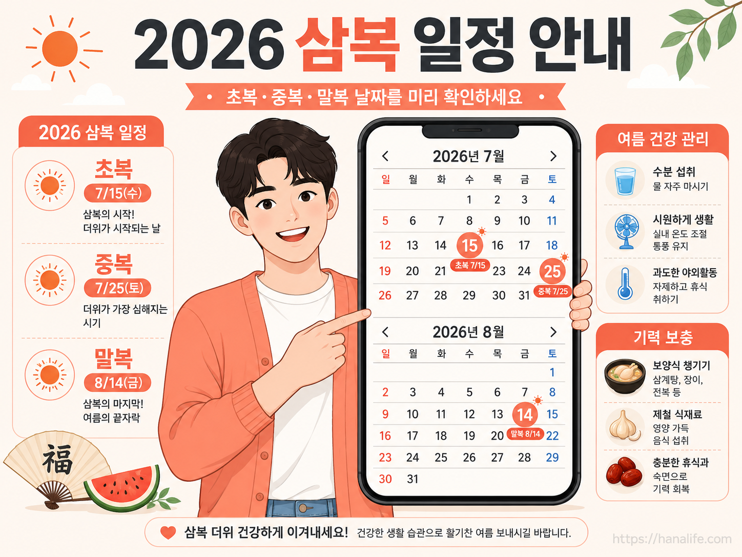 무더운 여름철 기력 회복을 위한 2026년 삼복더위 달력 및 일정 요약