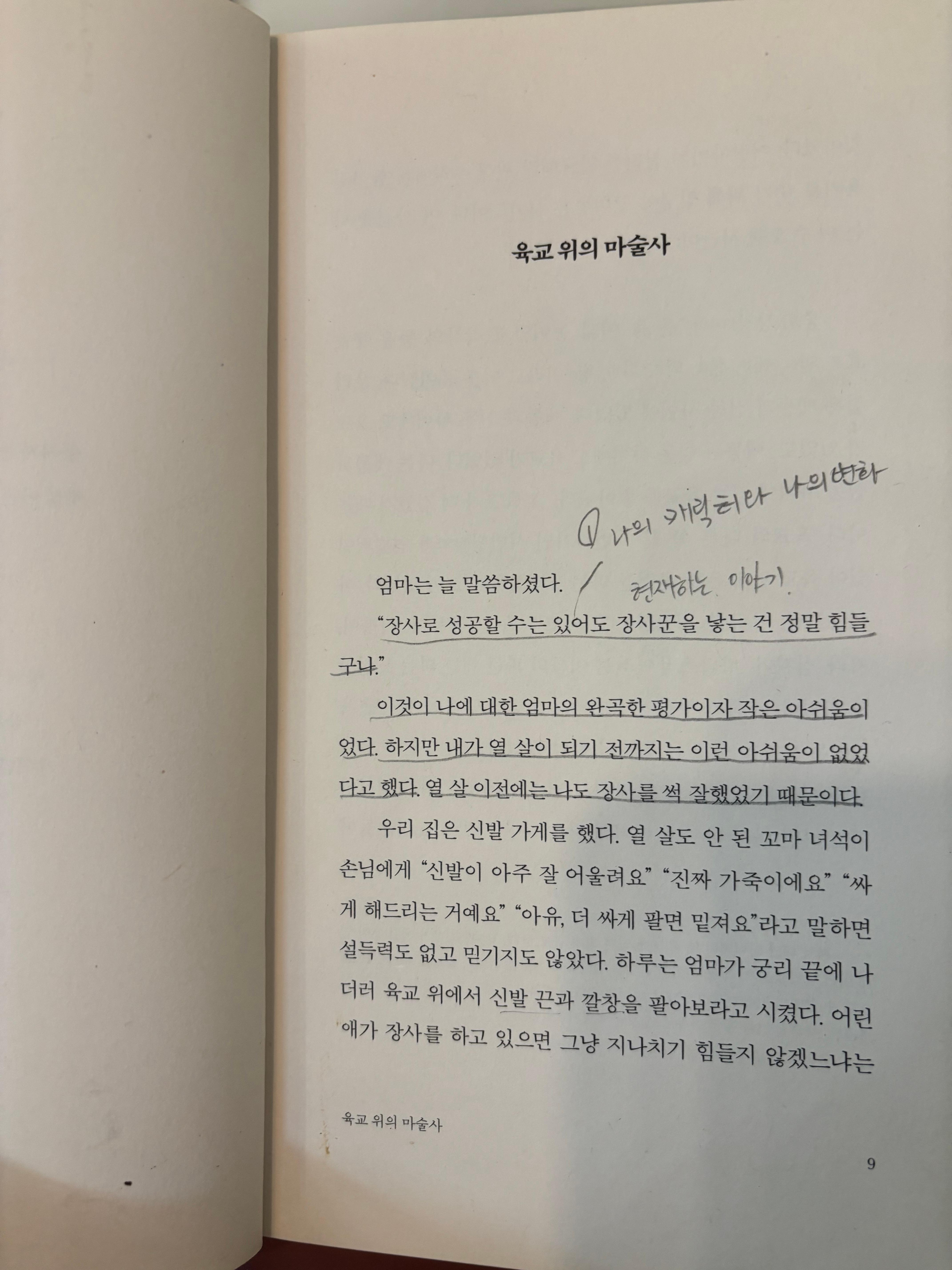 『육교 위의 마술사』 첫 페이지. 어린 시절 가족과 장터의 기억으로 이야기를 시작하는 소설의 첫 장면.