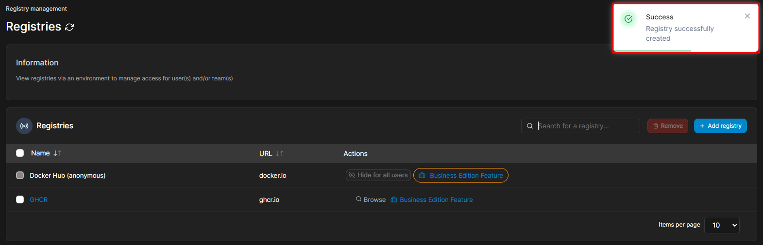 레지스트리 추가 성공 메시지